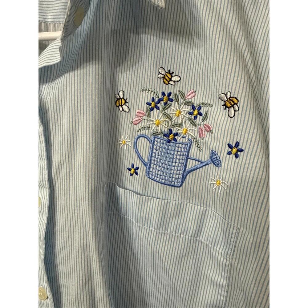 VTG 80s Sz M Button Up Novelty Embroidery Flowers Bees Watering Can Oversized - Picture 6 of 7